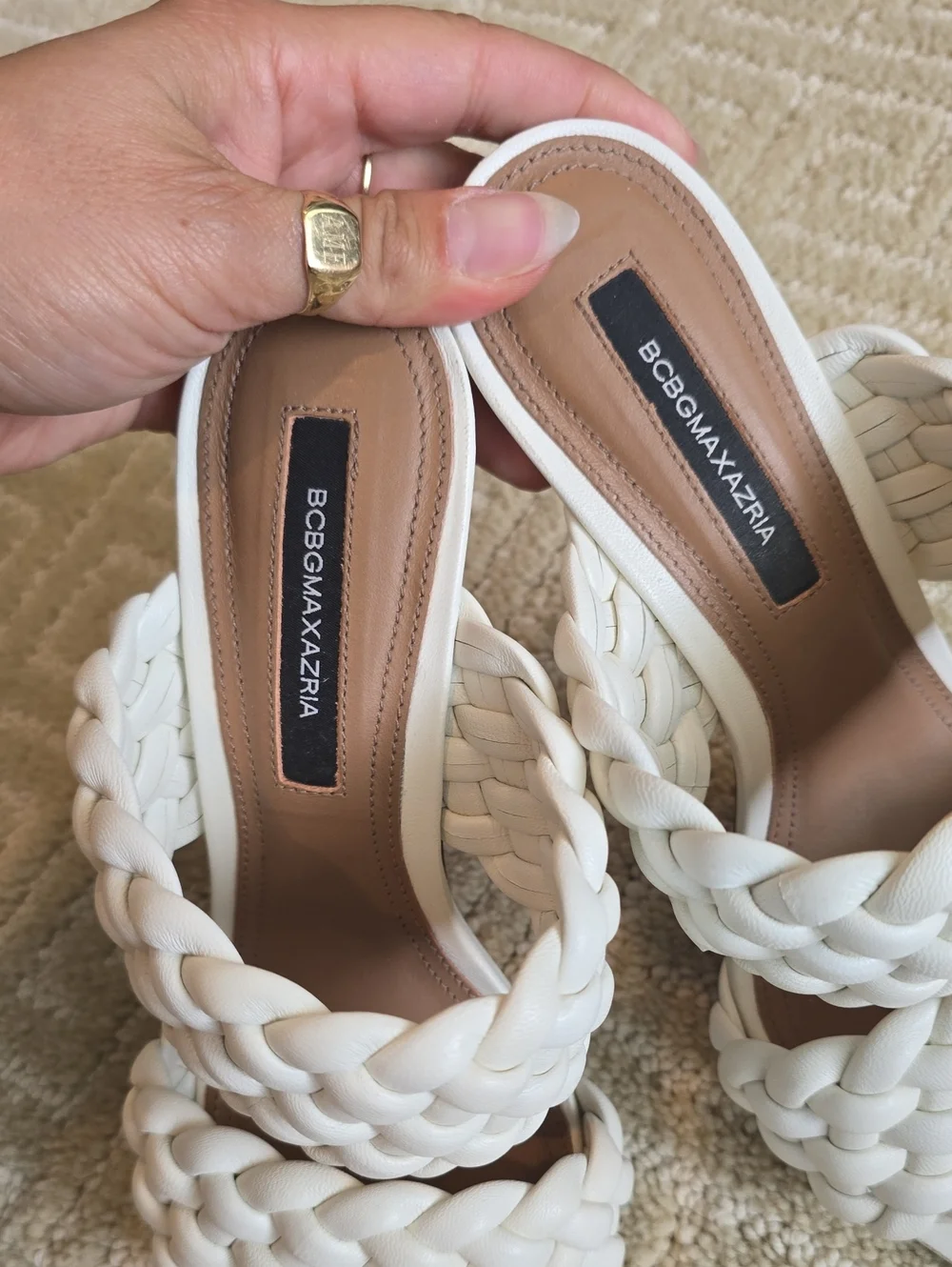 BCBGMaxAzria White Braided Double-Strap Slide Heels, Size 7.5